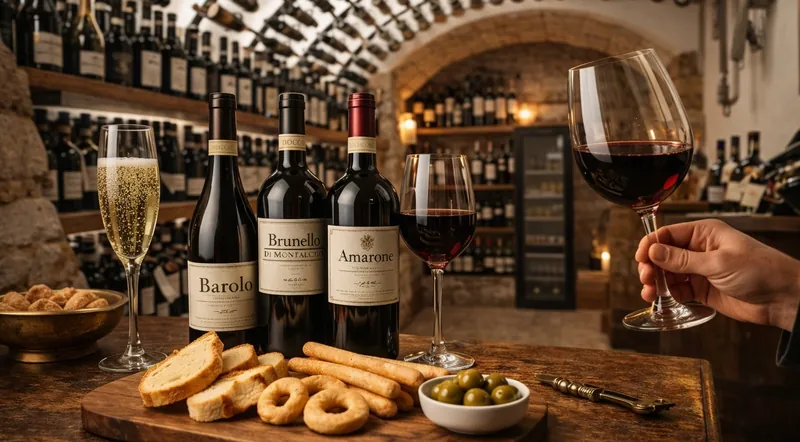 Bottles of Barolo, Brunello and Amarone with a glass of red and prosecco in a Roman cellar