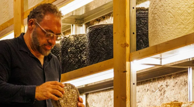 A cheesemaker checking a wheel of cave-aged cheese in the Testaccio maturing cave