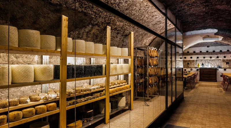 Rows of maturing cheese wheels behind glass in an underground cave in Rome