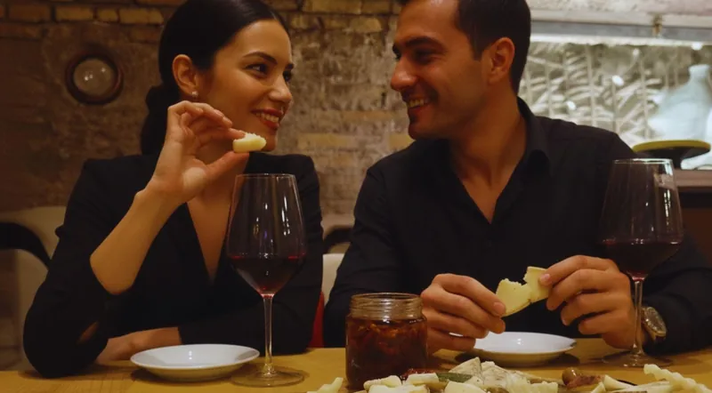 A couple sharing red wine and cheese at a tasting in a stone cellar in Rome