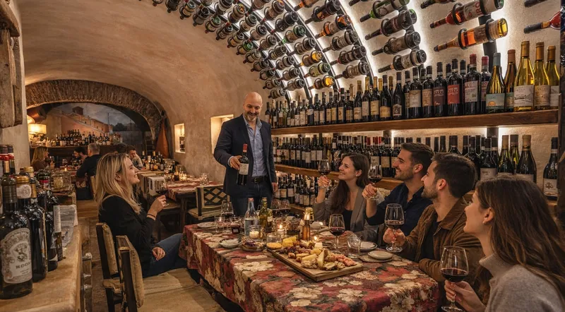 A sommelier presenting wines to a seated group under the bottle-lined vault of the Fabullus cellar in Trastevere