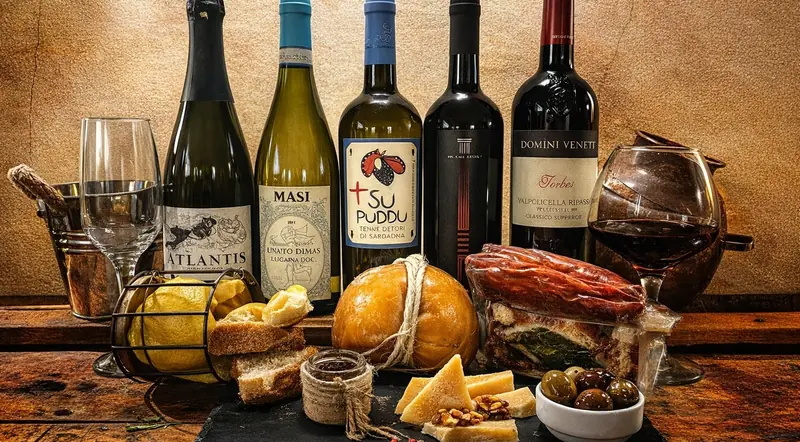 Italian wine bottles from several regions beside a board of cheeses and salami