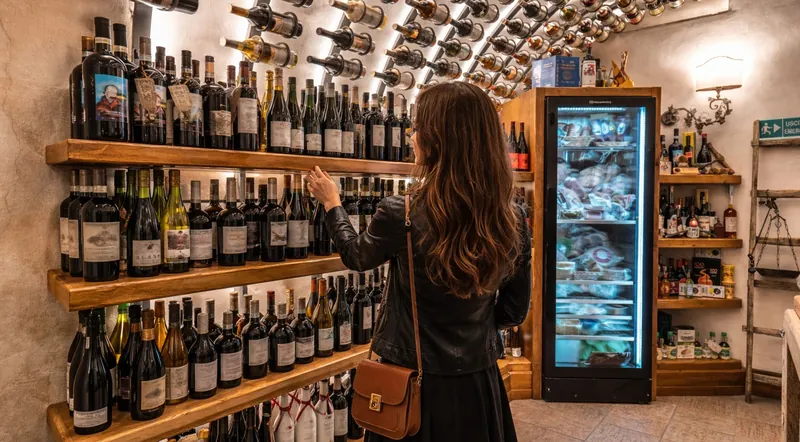 A guest browsing floor-to-ceiling shelves of Italian wine in a vaulted cellar in Trastevere