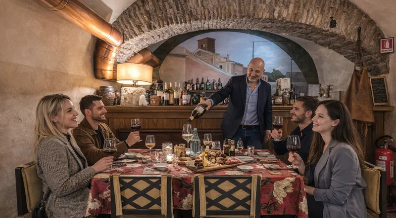 A host pouring red wine for guests at a candlelit table in a 1st-century Roman cellar in Trastevere